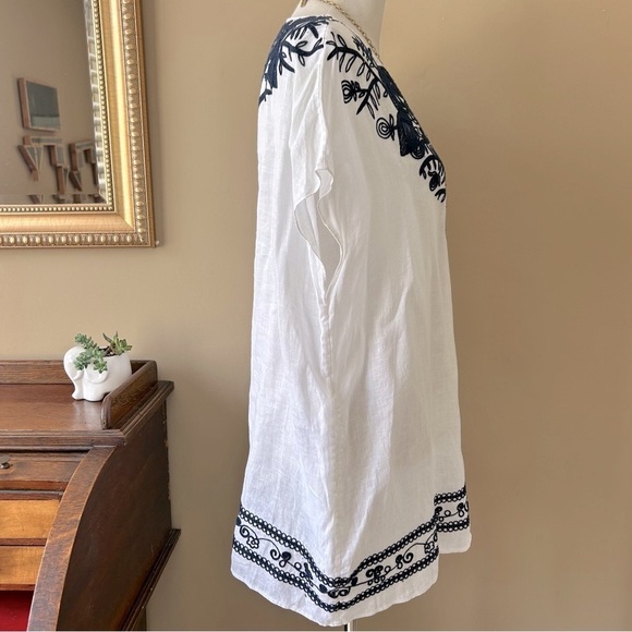 Tory Burch Embroidered Beach Caftan Cover-Up Mini Dress Navy Blue White Linen S - Picture 7 of 11